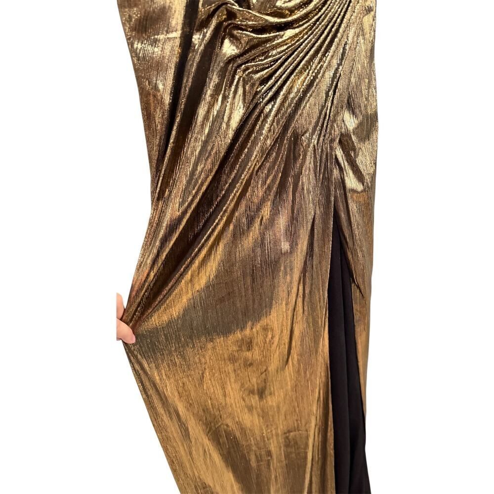 Mac Duggal Metallic Gold Halter Ruched High-Slit Mini Dress - Picture 7 of 7